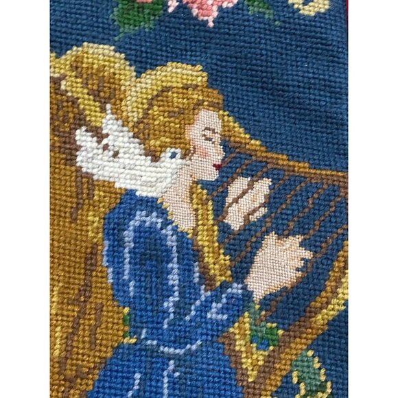 Vintage Heavenly Angel Harp Christmas Stocking Wool Needlepoint Velvet 22 Inch - Picture 2 of 5